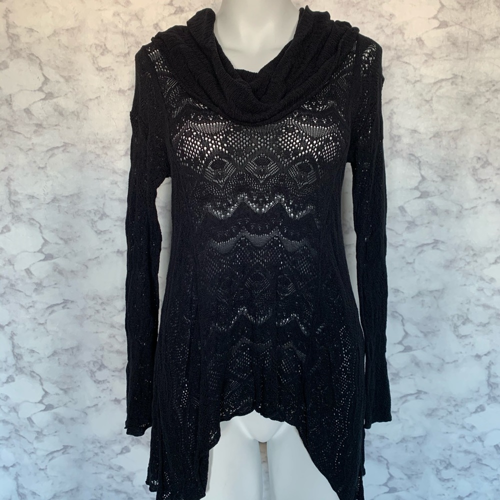 Umgee Black Cowl Neck Open Knit Tunic Sweater